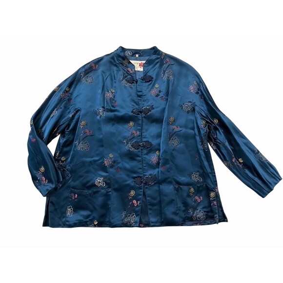Peony Woman’s Brand Chinese Silk Jacket Blue Floral Frog Closure 44 Traditional - Picture 1 of 8